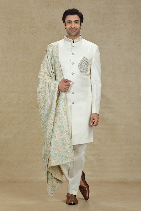 IVORY SHERWANI SET WITH HEAVY SHAWL #7947