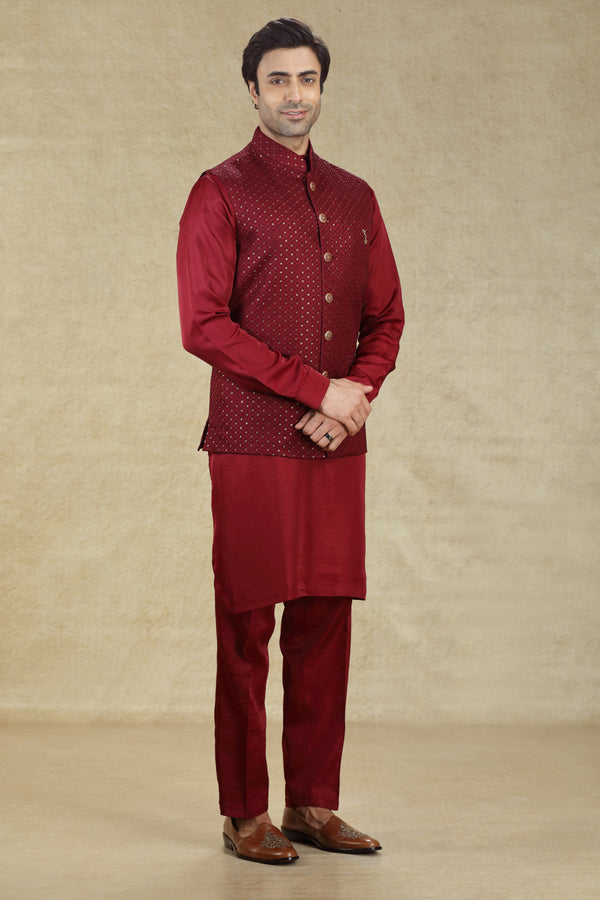 ALL MAROON EMBROIDERED BANDI KURTA SET #7985