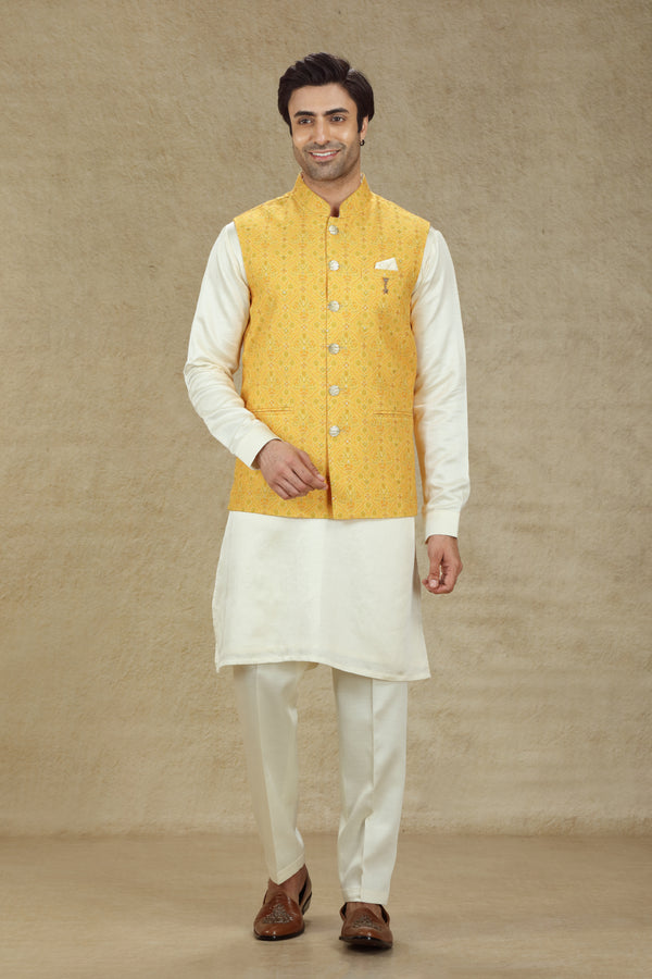 YELLOW & IVORY THREADWORK BANDI KURTA SET #7974