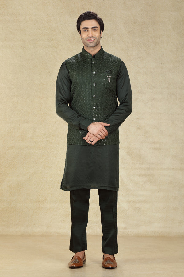 ALL FOREST GREEN EMBROIDERED BANDI KURTA SET #7987