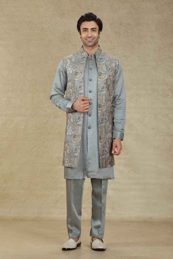 ALL GREY PRINTED LONG OPEN STYLE EMBROIDERED BANDI KURTA SET #7996