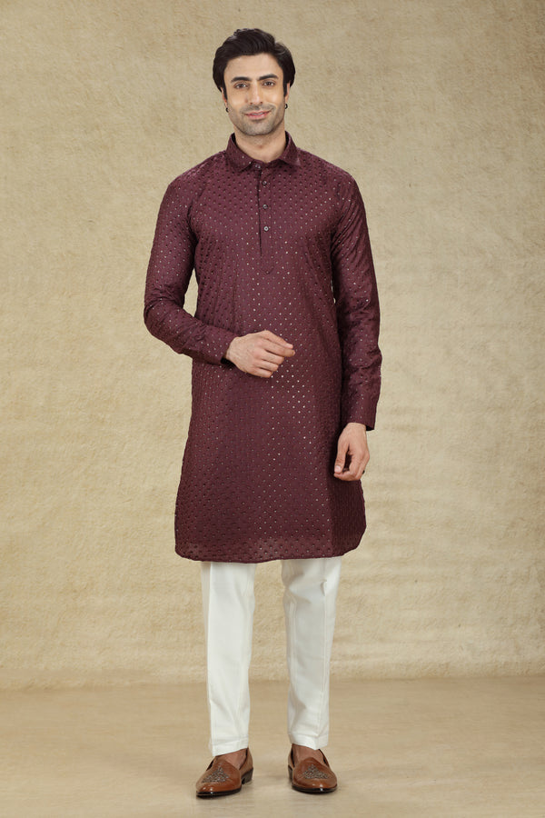 BURGUNDY SEQUINS EMBROIDERED PATHANI KURTA SET #7789