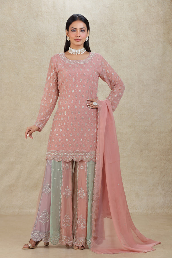 PEACHY PINK MULTI COLOR HAND EMBROIDERED PALAZZO SUIT SET #8302