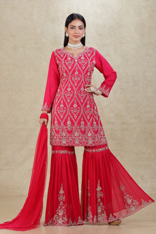 HOT PINK HAND EMBROIDERED SHARARA SUIT SET #8296