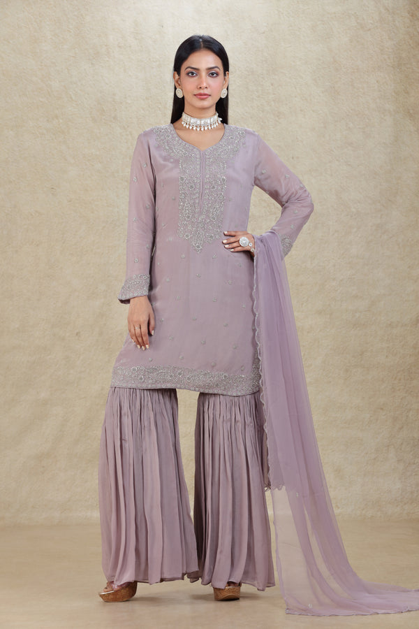 GREY LILAC HAND EMBROIDERED SHARARA SUIT SET #8306