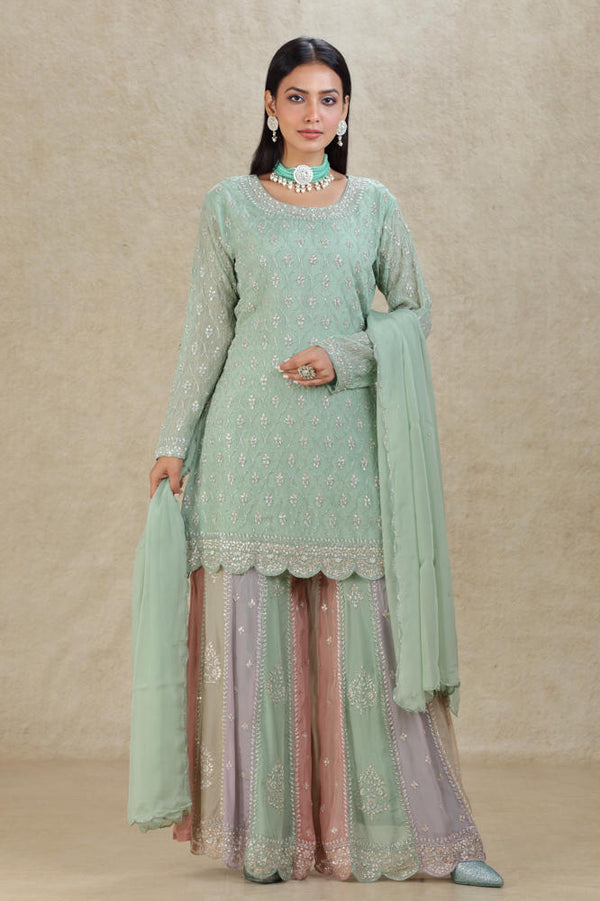 SAGE GREEN MULTI COLOR HAND EMBROIDERED PALAZZO SUIT SET #8303