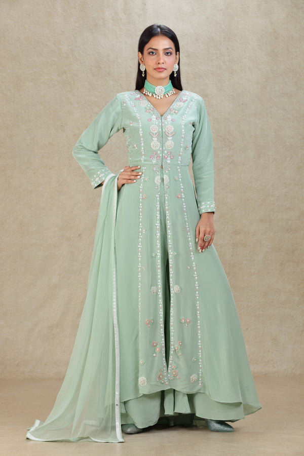 SAGE GREEN HAND EMBROIDERED LONG TOP FRONT SLIT PALAZZO SUIT SET #8045