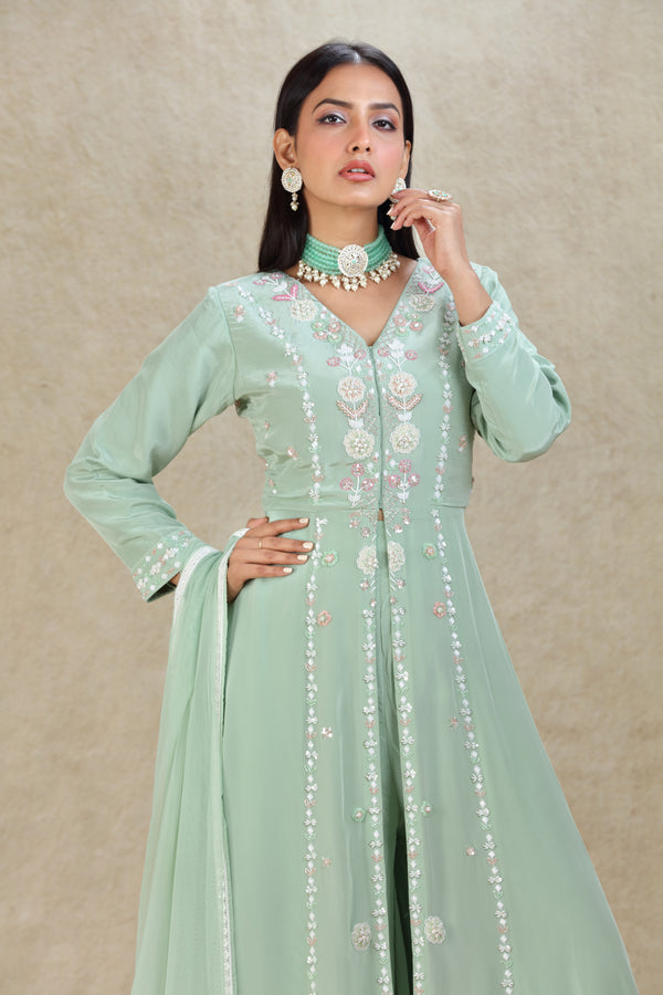 SAGE GREEN HAND EMBROIDERED LONG TOP FRONT SLIT PALAZZO SUIT SET #8046