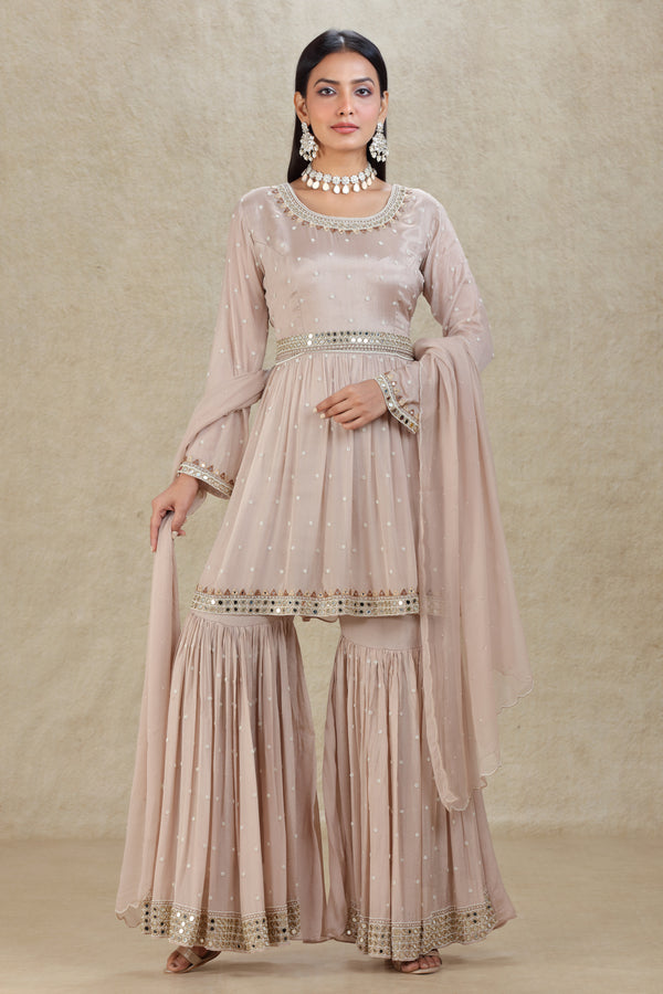 TAUPE HAND EMBROIDERED PEPLOOM STYLE SHARARA SUIT SET #8317