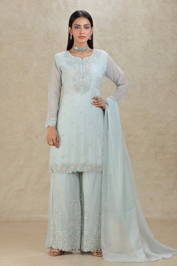 DUSTY GREYISH TEAL HAND EMBROIDERED PALAZZO SUIT SET #8320