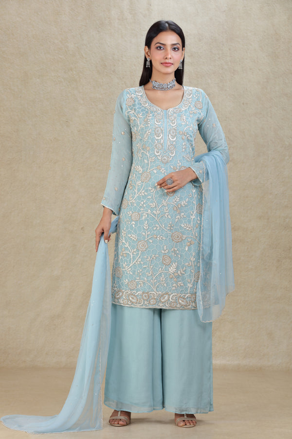 GREYISH BLUE HAND EMBROIDERED PALAZZO SUIT SET #8325