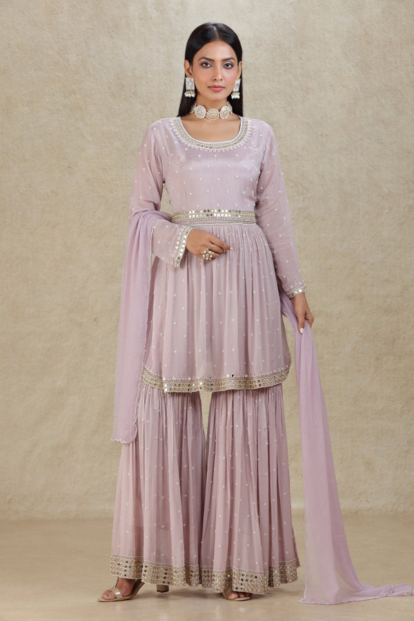 LILAC HAND EMBROIDERED PEPLOOM STYLE SHARARA SUIT SET #8316