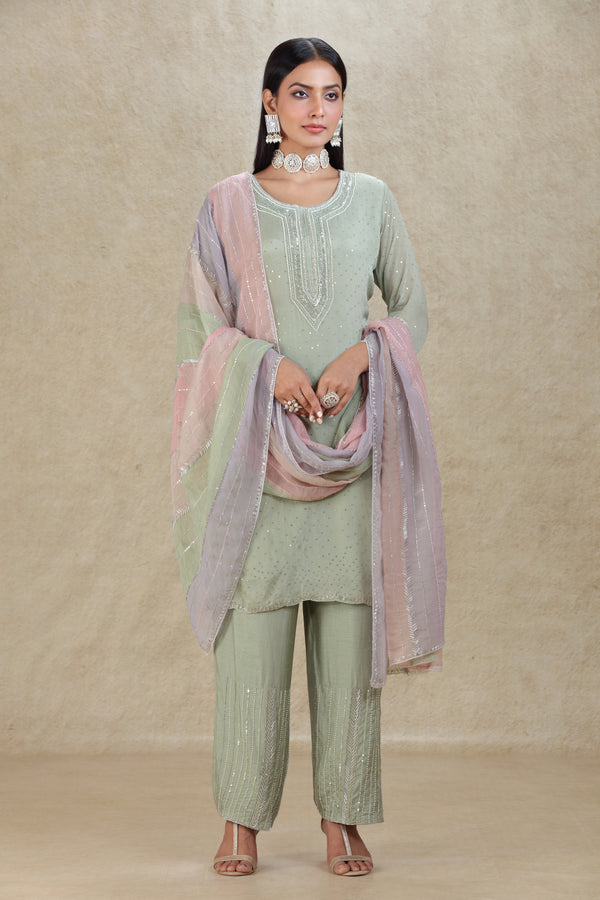 SAGE GREEN HAND EMBROIDERED STRAIGHT PANT SUIT SET WITH MULTI COLOR DUPATTA #8304