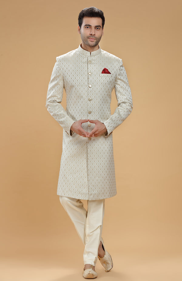 IVORY BROCADE SILK SHERWANI SET #7418