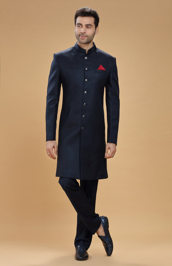 NAVY BLUE SUITING NAWABI SHERWANI SET #7477