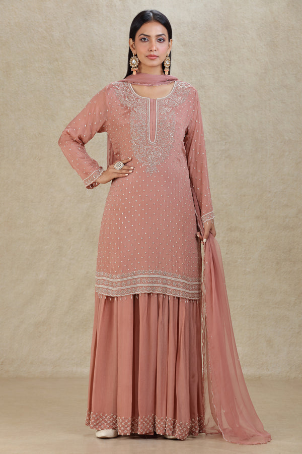 NUDE PEACH HAND EMBROIDERED GHARARA SUIT SET #8309