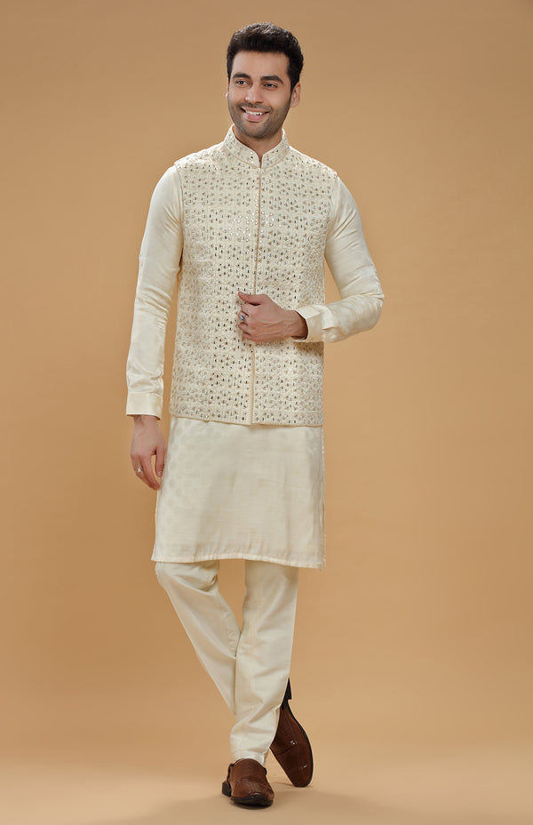 PEARL WHITE THREAD & MIRROR EMBROIDERED BANDI KURTA SET #7725