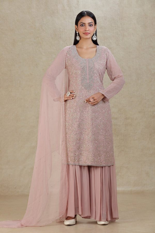 DUSTY PINK HAND EMBROIDERED LACE LOOK SHARARA SUIT SET #8324