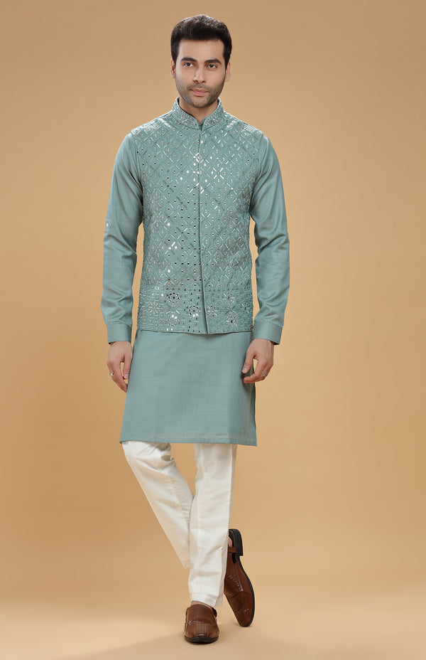 DUSTY TEAL HAND EMBROIDERED MIRRORWORK BANDI KURTA SET #7457