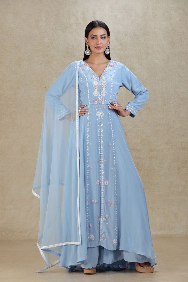 GREYISH BLUE HAND EMBROIDERED LONG TOP FRONT SLIT PALAZZO SUIT SET #8047