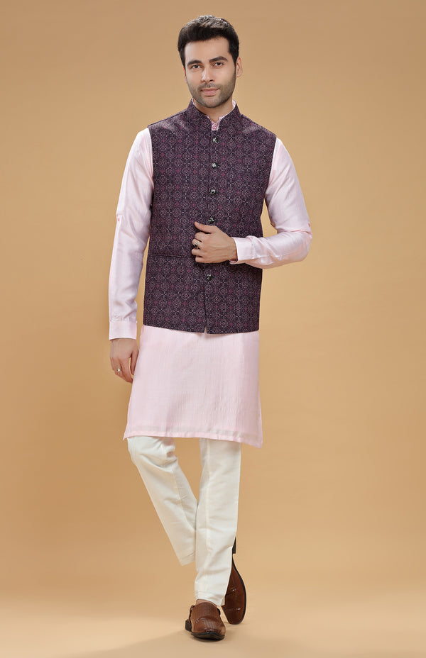 WINE & POWDERED PINK THREADWORK BANDI KURTA SET #7464