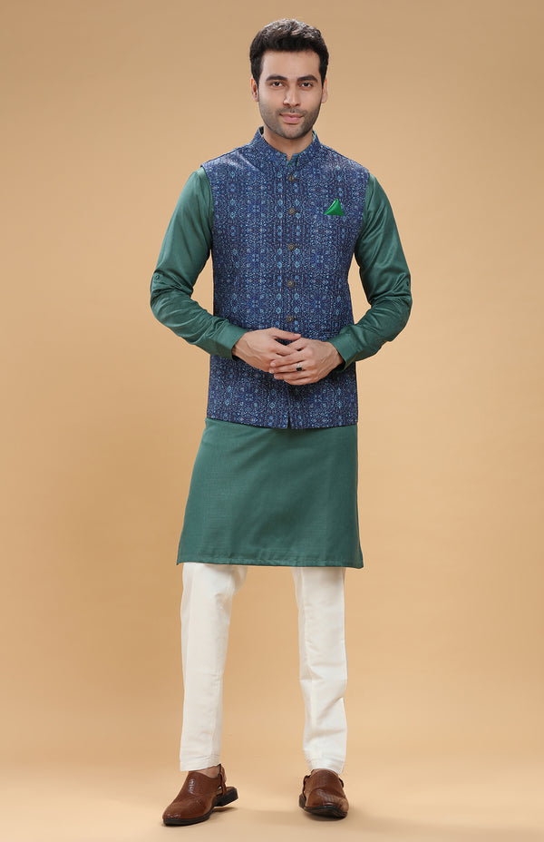 INDIGO BLUE & EMERALD GREEN BANDI KURTA SET #7465