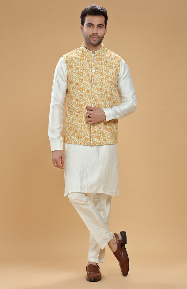 DARK MUSTARD & CREAM PRINTED VELVET WITH SEQUINS HIGHLIGHTING BANDI KURTA SET #7462