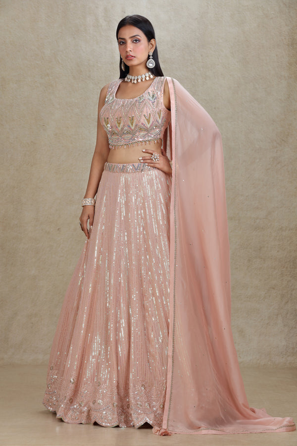 PEACH SEQUINS EMBROIDERED LEHENGA SET #8268