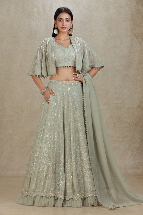 GREY SAGE GREEN EMBROIDERED LEHENGA SET WITH SHORT JACKET #8271