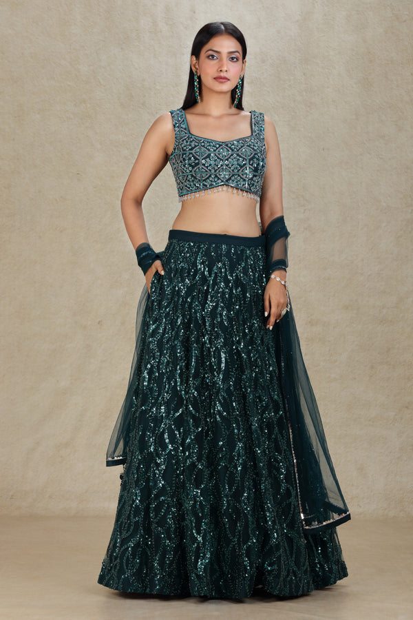 TEAL EMBROIDERED NET LEHENGA SET #8266