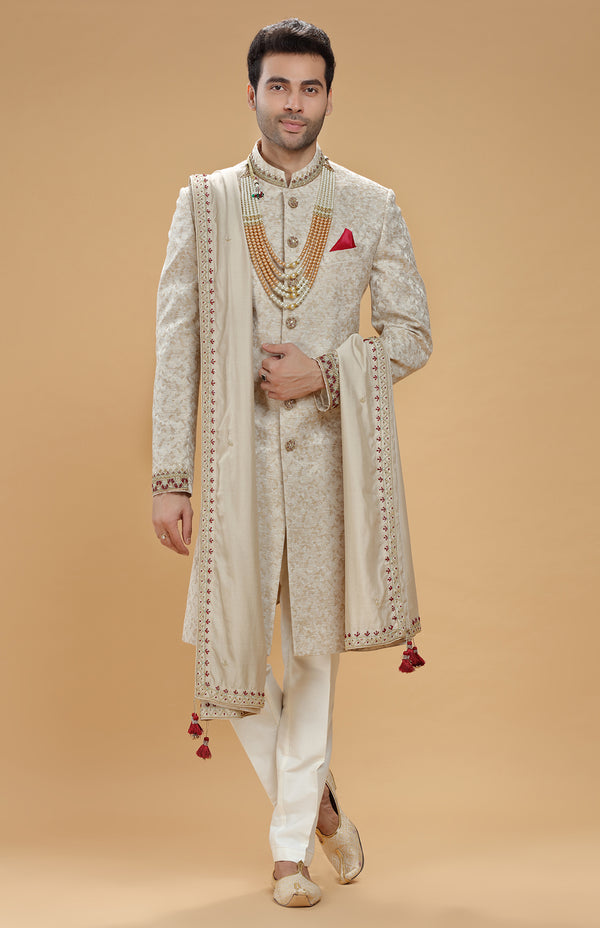 BEIGE TAUPE BROCADE SILK SHERWANI SET #7473