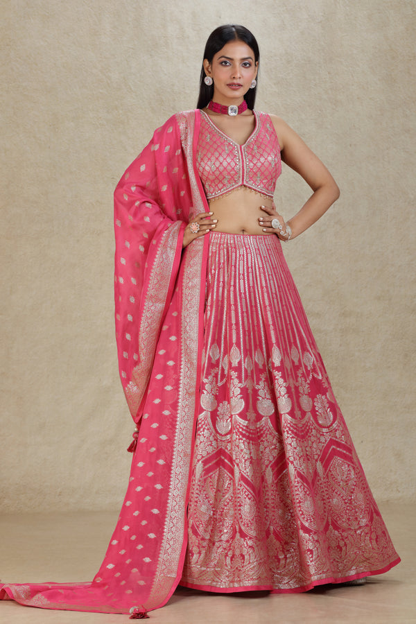 VIBRANT PINK EMBROIDERED BANARASI LEHENGA SET #8260