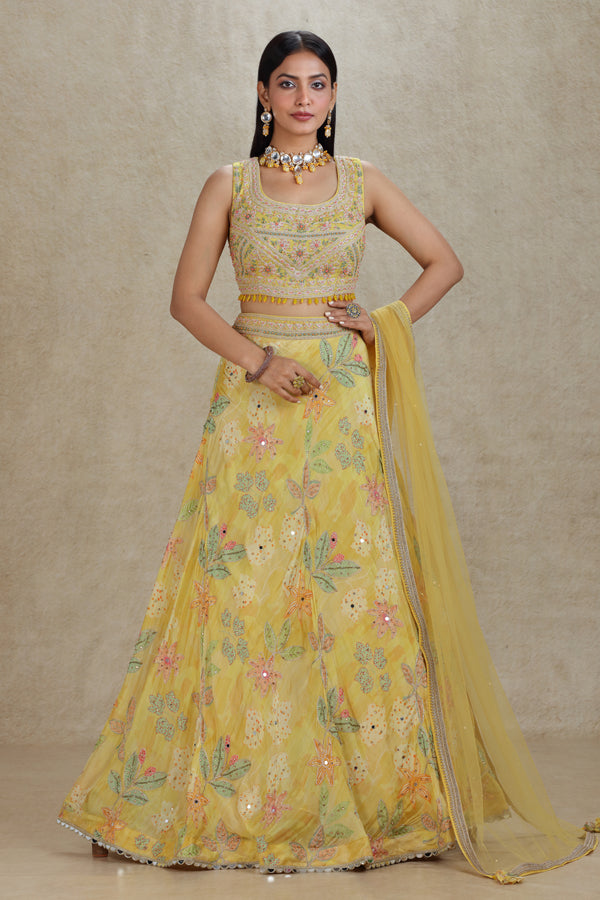 YELLOW FLORAL PRINTED & EMBROIDERED LEHENGA SET #8264