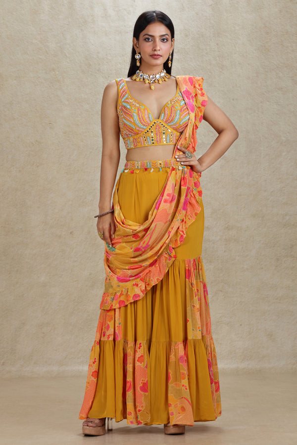 MUSTARD HAND EMBROIDERED AND PRINTED CROP TOP SHARARA SUIT SET #8251