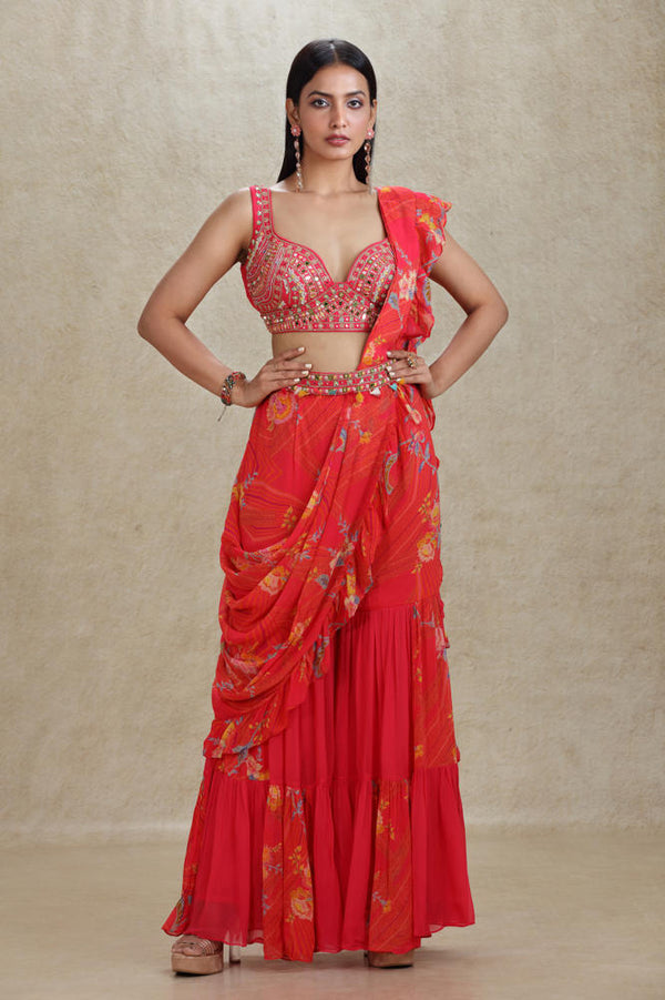 HOT PINK HAND EMBROIDERED AND PRINTED CROP TOP SHARARA SUIT SET #8252