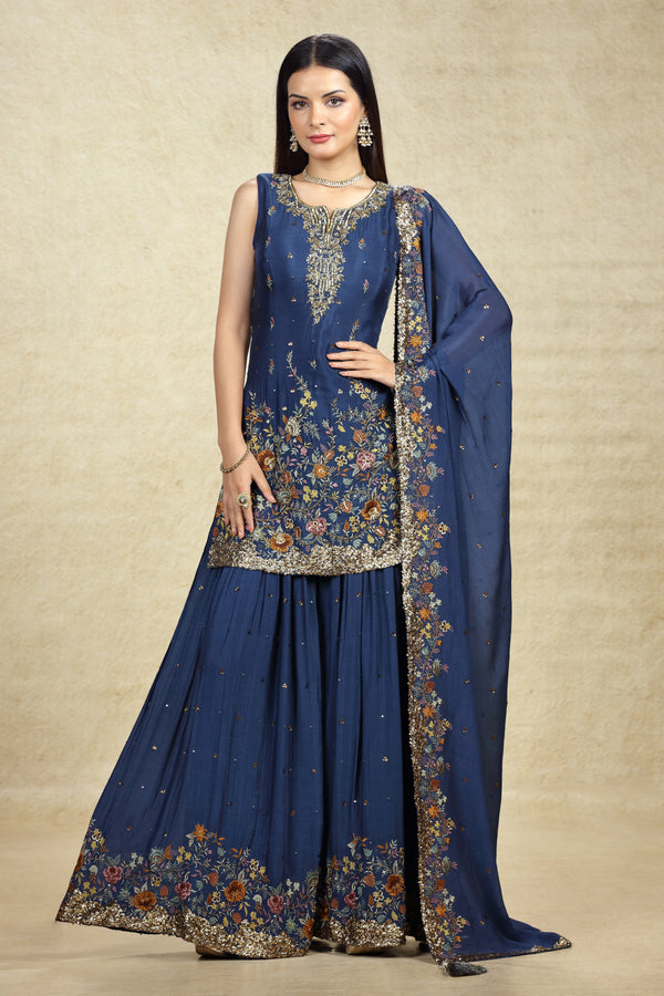 COBALT BLUE EMBROIDERED GHARARA SUIT SET #8060