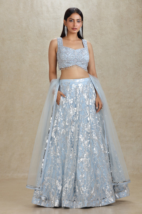 GREYISH BLUE EMBROIDERED NET LEHENGA SET #8259