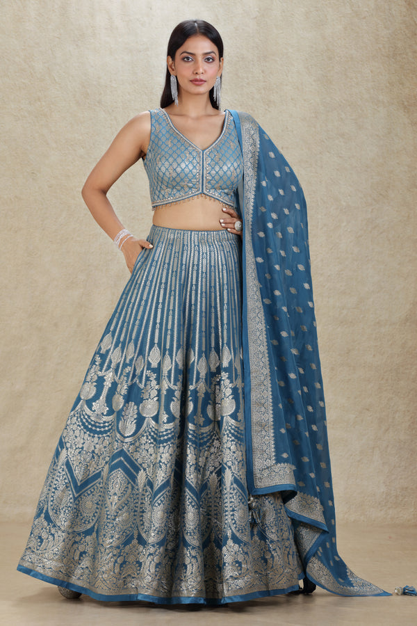 STEEL BLUE EMBROIDERED BANARASI LEHENGA SET #8261