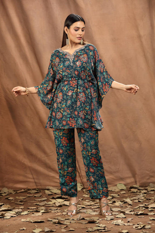 TEAL PRINTED & EMBROIDERED KAFTAAN CO-ORD SET #7951