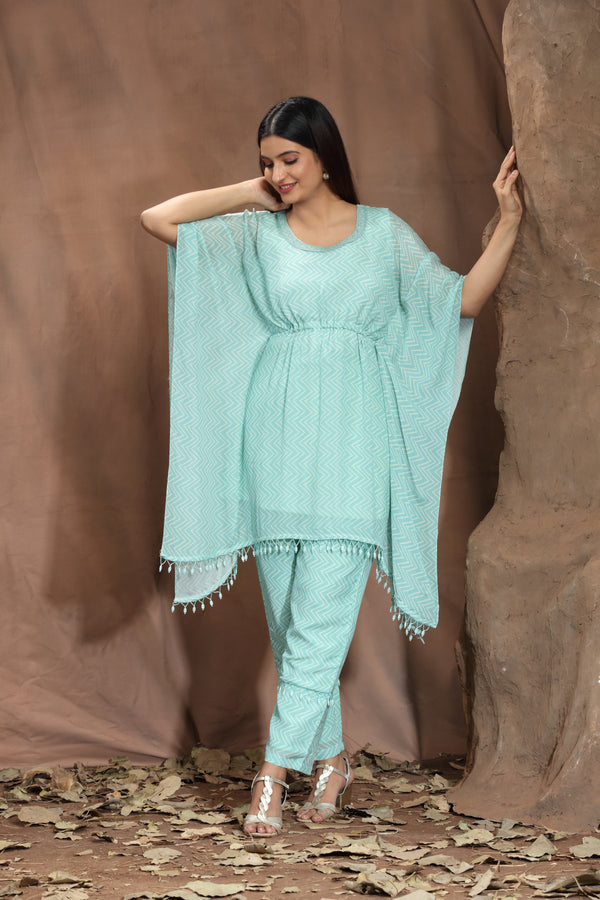 SKY BLUE PRINTED & EMBROIDERED KAFTAAN CO-ORD SET #7953