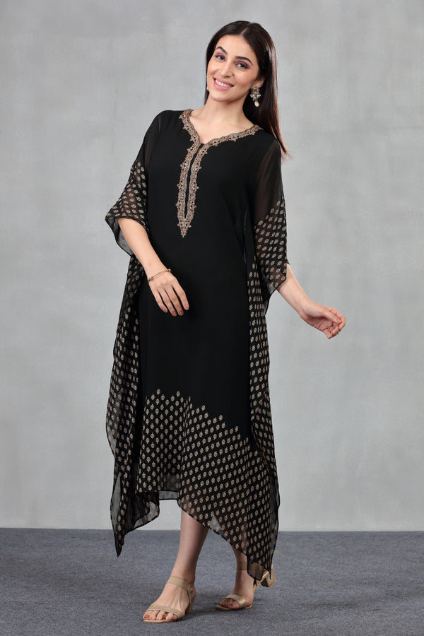 BLACK PRINTED & EMBROIDERED KAFTAAN #7959