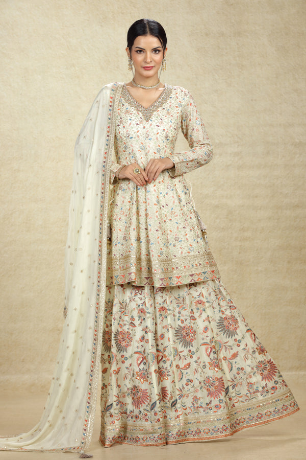 IVORY FLORAL EMBROIDERY GHARARA SUIT SET #7807