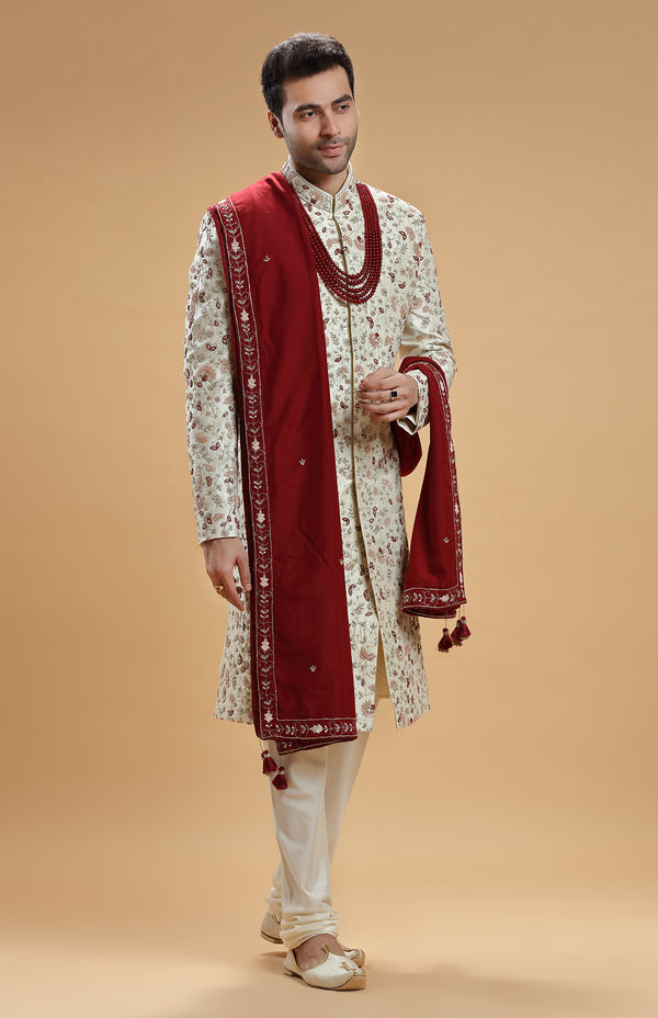 DARK IVORY EMBROIDERED SHERWANI SET #7411