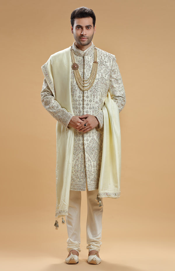 CREAM BEIGE EMBROIDERED SHERWANI SET #7412