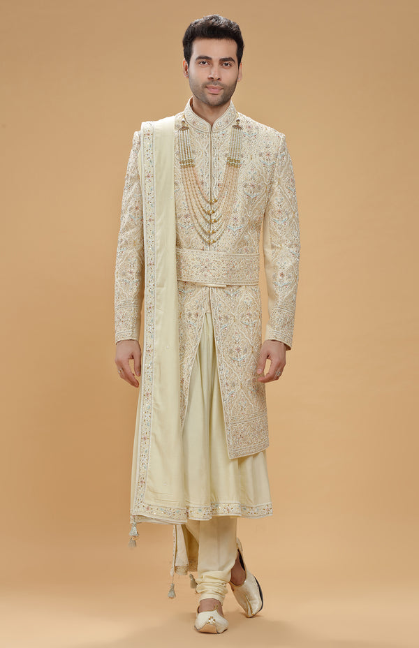 LIGHT BEIGE EMBROIDERED SHERWANI SET #7414