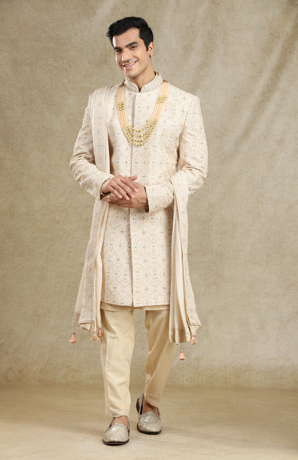 DUSTY ROSE/BEIGE EMBROIDERED SHERWANI SET #7707