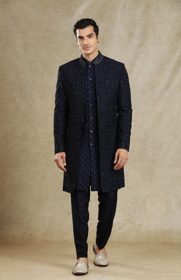 NAVY BLUE HAND EMBROIDERED OPEN SHERWANI SET #7761