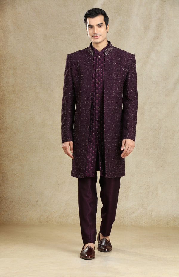 WINE HAND EMROIDERED OPEN SHERWANI SET #7763