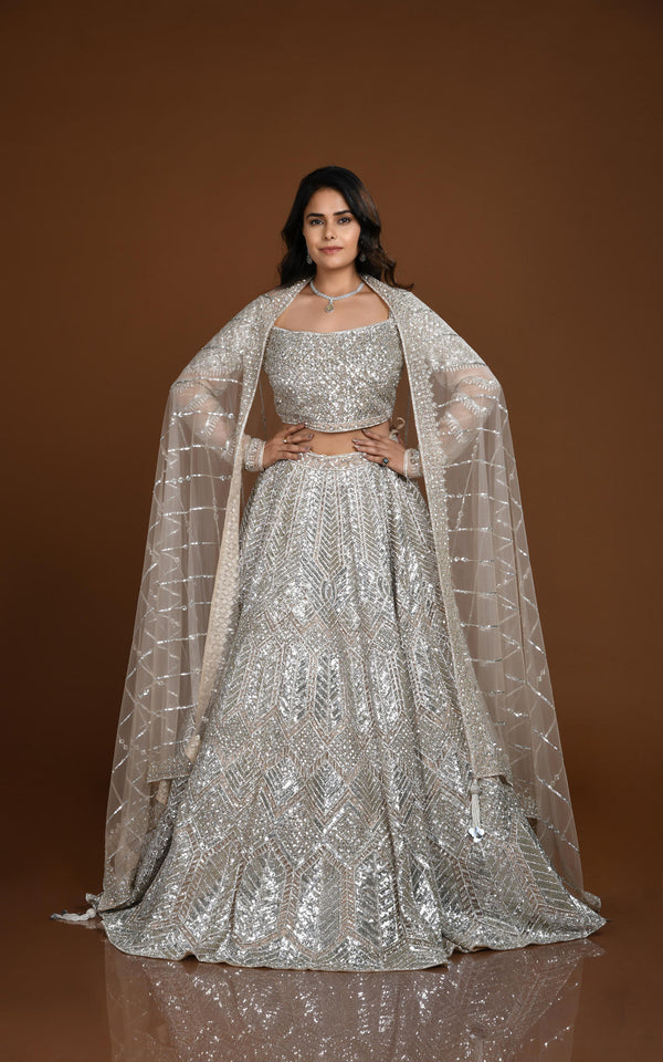 CHAMPAGNE HAND EMBROIDERED LEHENGA SET WITH ALLOVER CRYSTAL #7813