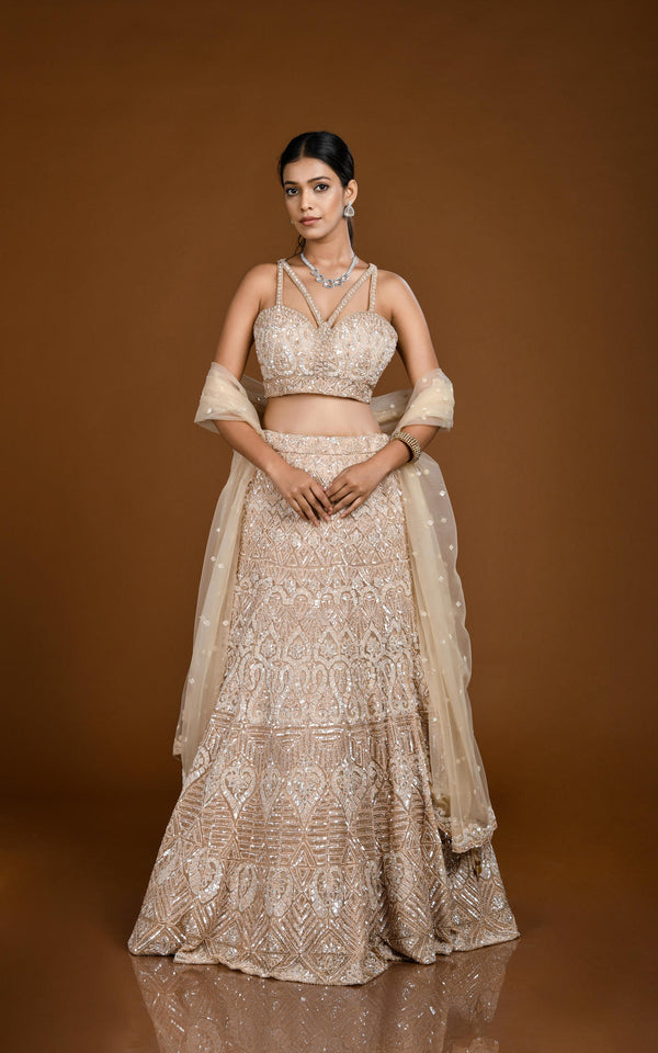 BEIGE GOLD HAND EMBROIDERED TONE ON TONE MERMAID STYLE LEHENGA SET #7814